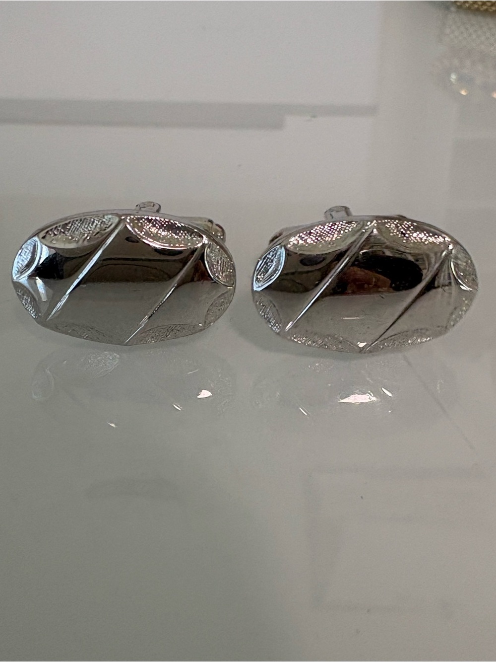 Silver-Tone Oval Engraved Cufflinks